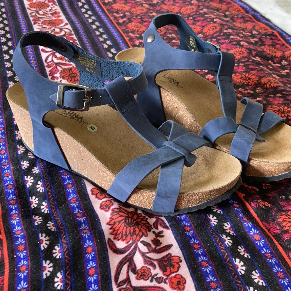 Blue leather wedges